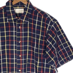 Arnold Palmer Button Front Shirt Windowpane Plaid Pocket Vintage Mens M Blue